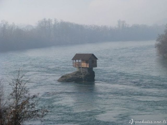 Vienišas nameliukas vidury upės