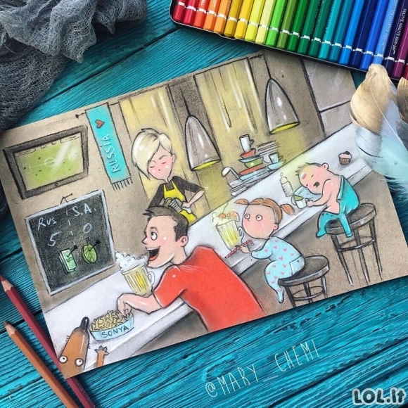 Moteris nupiešė savo gyvenimo kasdienybę su vaikais