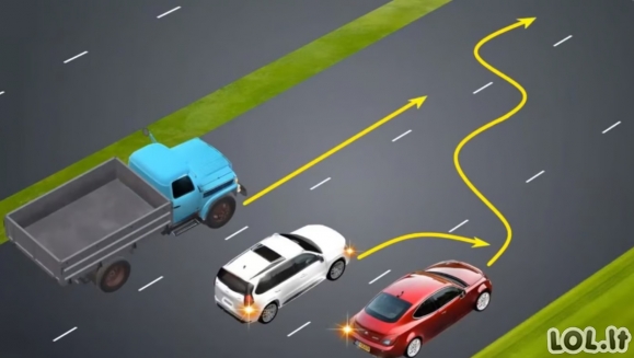 KET testas: kam turi duoti kelią raudonas automobilis, kai keli vairuotojai keičia juostas vienu metu?