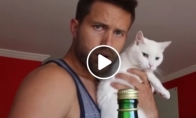 Katinas atidaro butelį